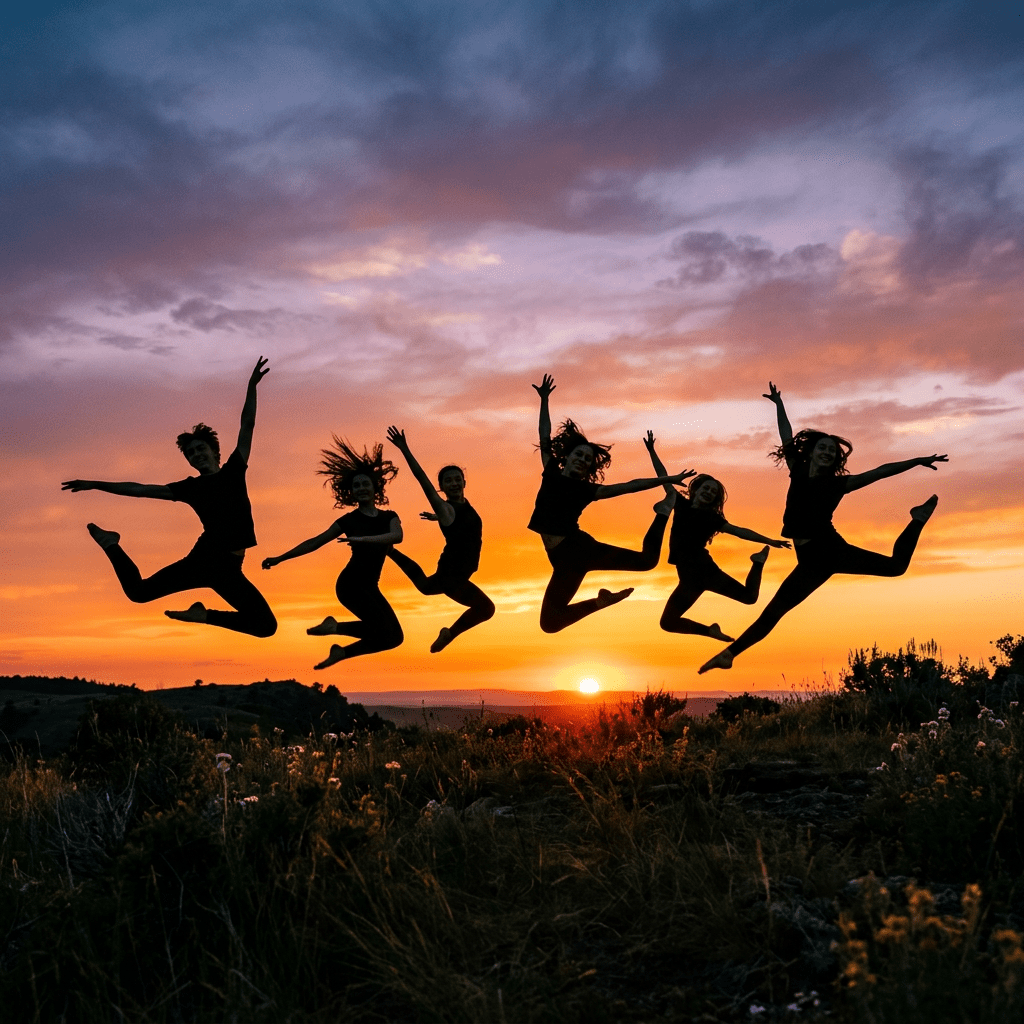 Six people jumping in silhouette during sunset outdoors