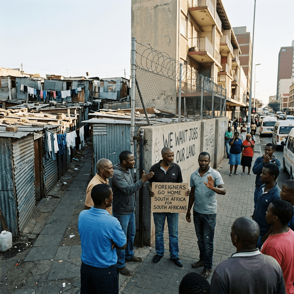 Men standing near a wall with a protest sign reading 'Foreigners go home South Africa for South Africans'